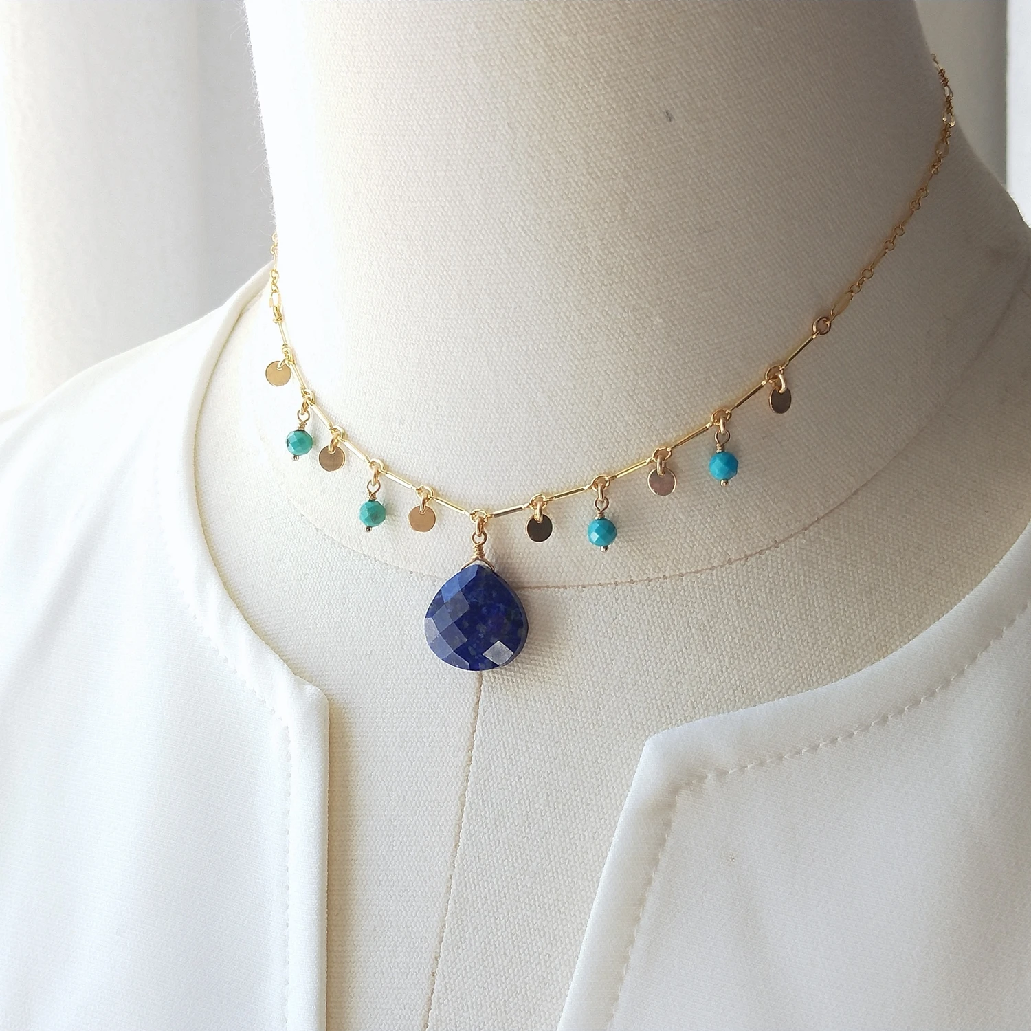 Lii Ji Natural Lapis Lazuli Hubei Turquoise Charms American 14K Gold Filled Chain Necklace For Women Girls  36+5cm