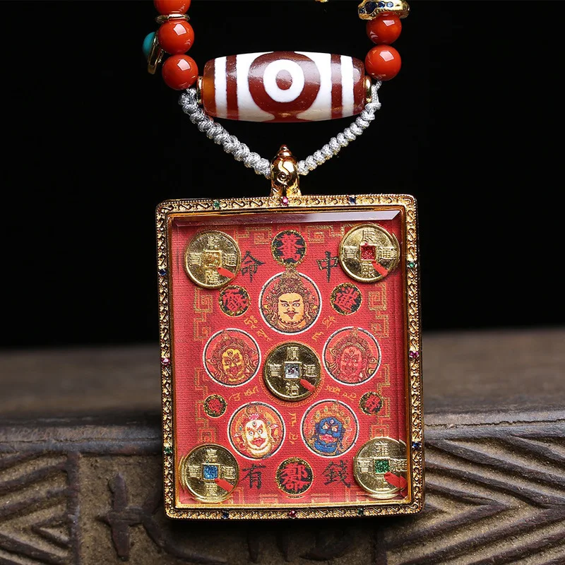 Tibetan style literature five ways god of wealth thangka buddha pendant jumper chain three eyes dzi glazed red agate necklace