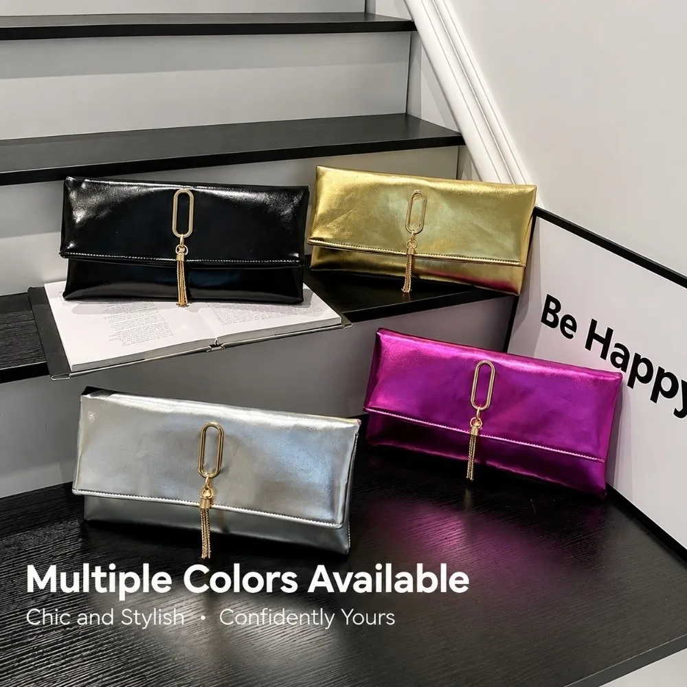 Metallic Faux Leather Women Clutch Bag Fold‑over Style Tassel Decoration Evening Handbag Rectangular Shape Multi Color Option