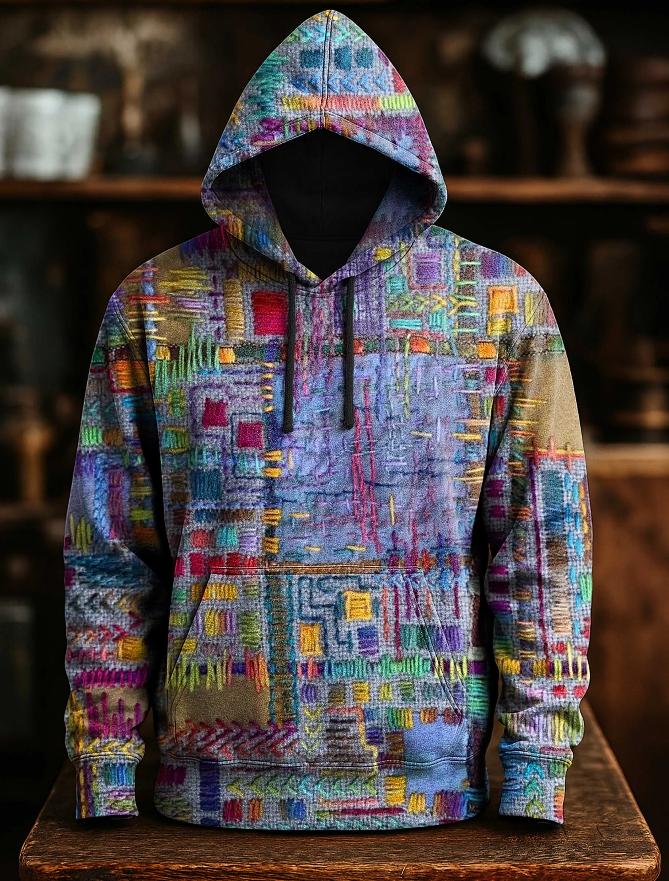 Men's Multicolor Art Print Hoodie, Irregular Graphic Pullover, Urban Streetwear Style, Fall Winter Comfort Wear