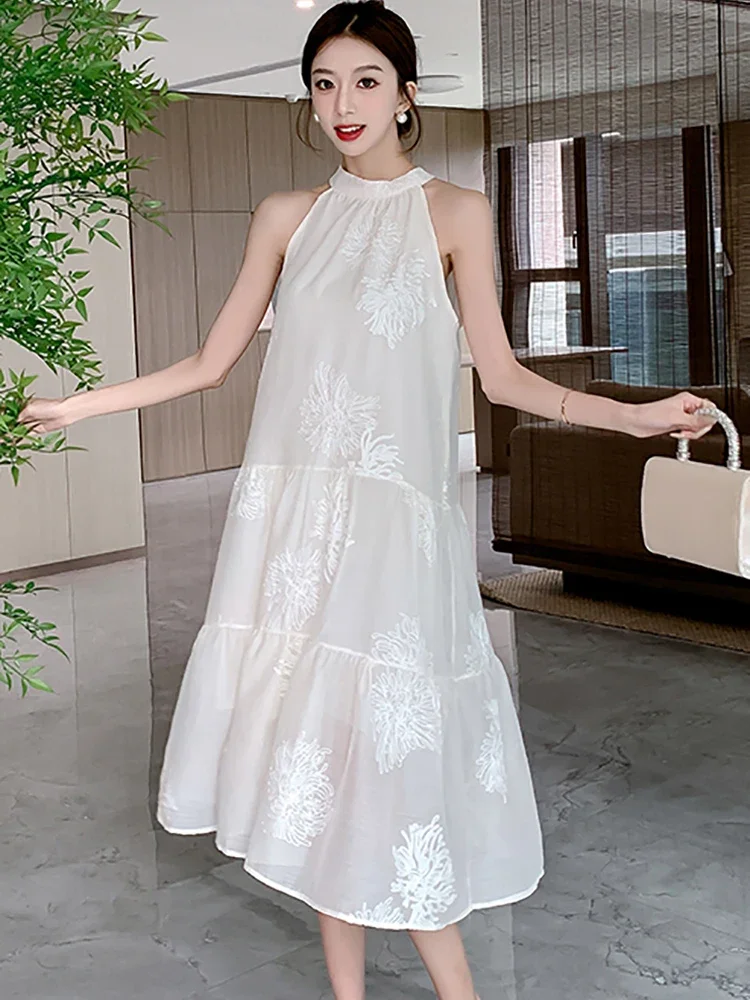 

Новинка 2023 года, белое жаккардовое длинное платье со свободной талией и цветочным принтом, летнее модное повседневное платье с воротником, женское корейское элегантное праздничное платье