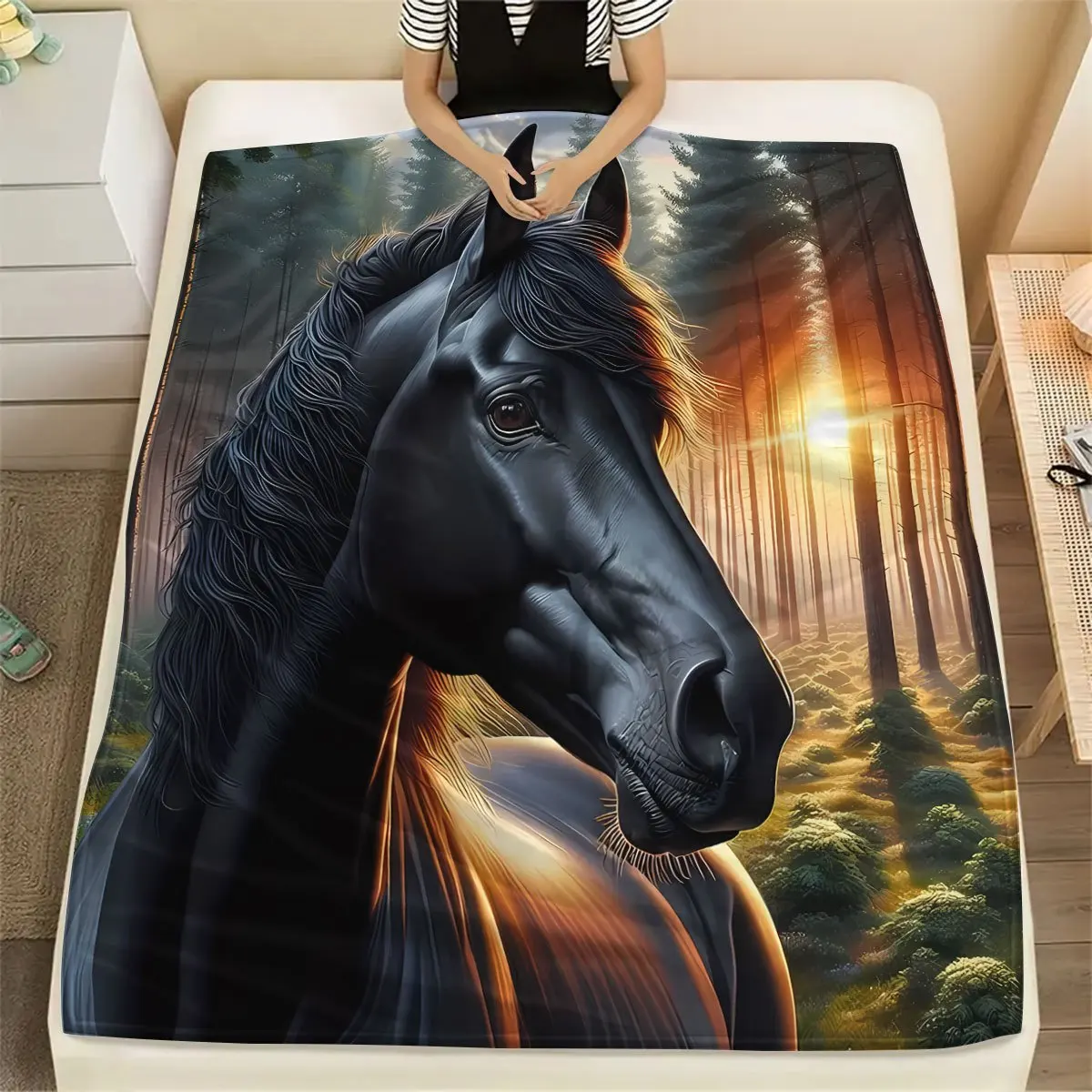 A Large Black Horse Pattern Printed Flannel Blanket, Soft Small Throw Blanket, Air-conditioning Blanket, Flannel Dormitory and O