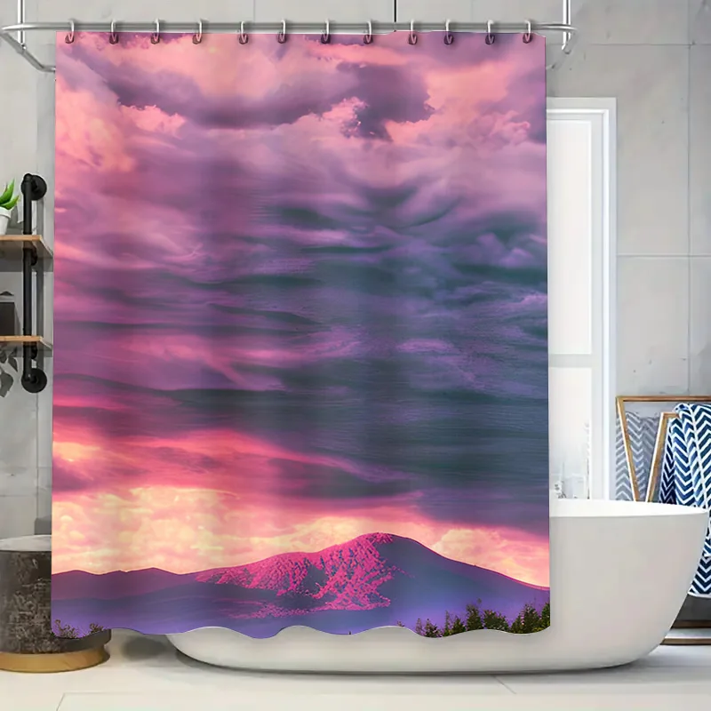 

Purple Clouds Shower Curtain Waterfall Print Bathroom Decor for Kids Room Pink Sky Mountains Design, Waterproof Fabric Size 180x