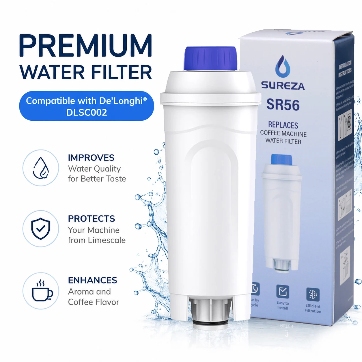 Filtro de Agua para Cafetera DeLonghi DLSC002, Cartucho Suavizador de Agua de Repuesto Compatible con Cafeteras Jura, Saeco y Philips