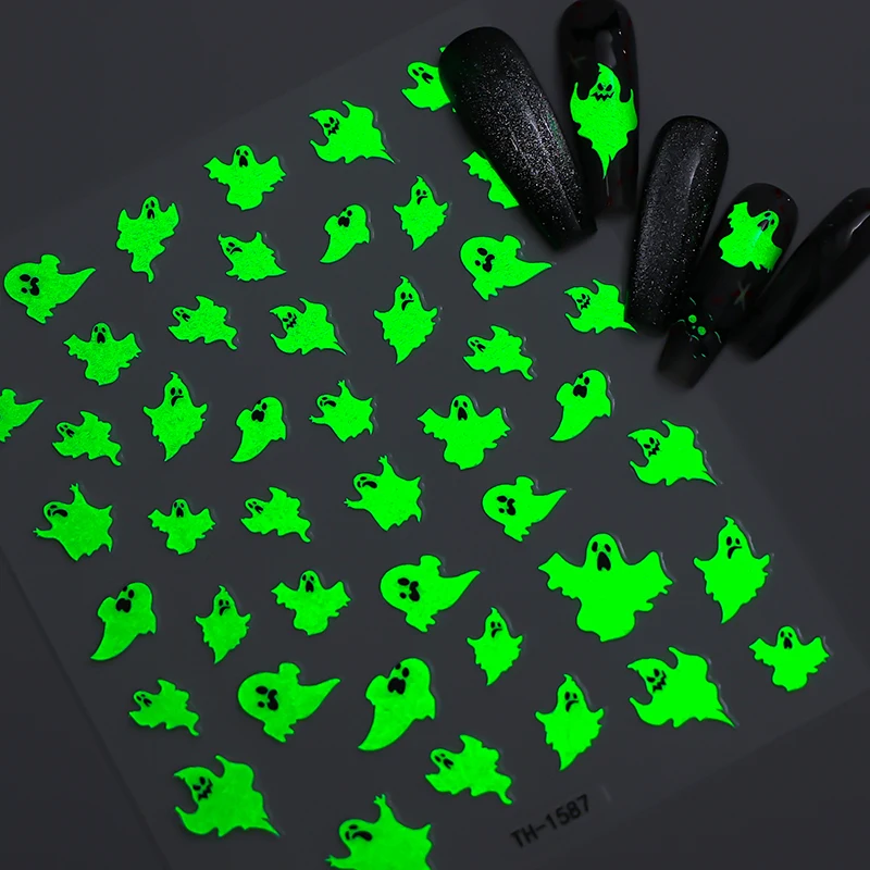Adesivi per nail art 3D Halloween Decalcomanie per unghie fantasma ragnatela luminosa per accessori per la decorazione del manicure Y2K del festival