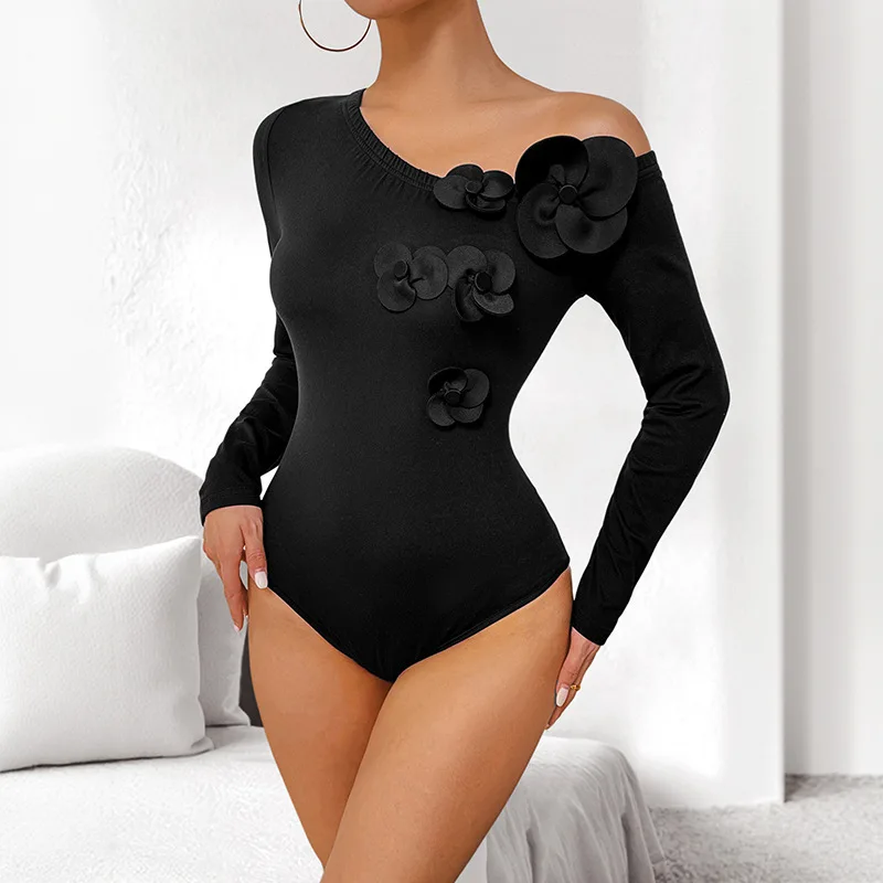 Chic 2026 Sexy Spice Girl Bodysuits Tops Women Skinny Solid Color Three-dimensional Flower Slant Shoulder Long Sleeve Onesie Y2K