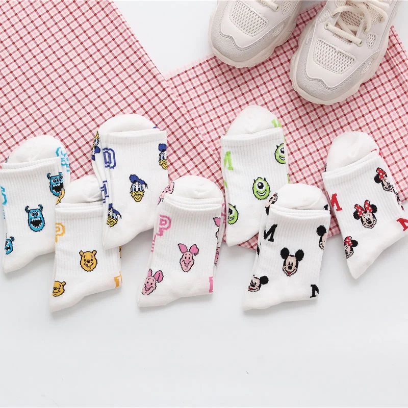 1Pairs Disney Cartoon Casual Socks Mickey Mouse Minnie Daisy Donald Duck Fashion Print Cotton Sock for Women Socks Girls Gift