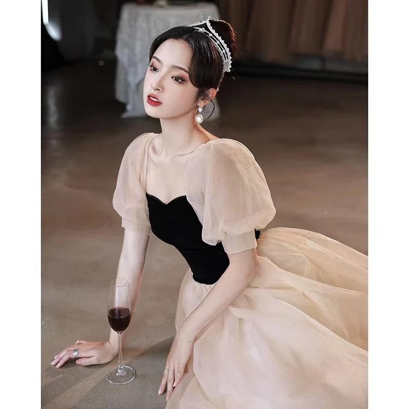 

Elegant Champagne Bridesmaid Dresses Square Neck A-Line Tulle Puff Sleeve Back Bandage Princess Floor-Length Prom Evening Gowns