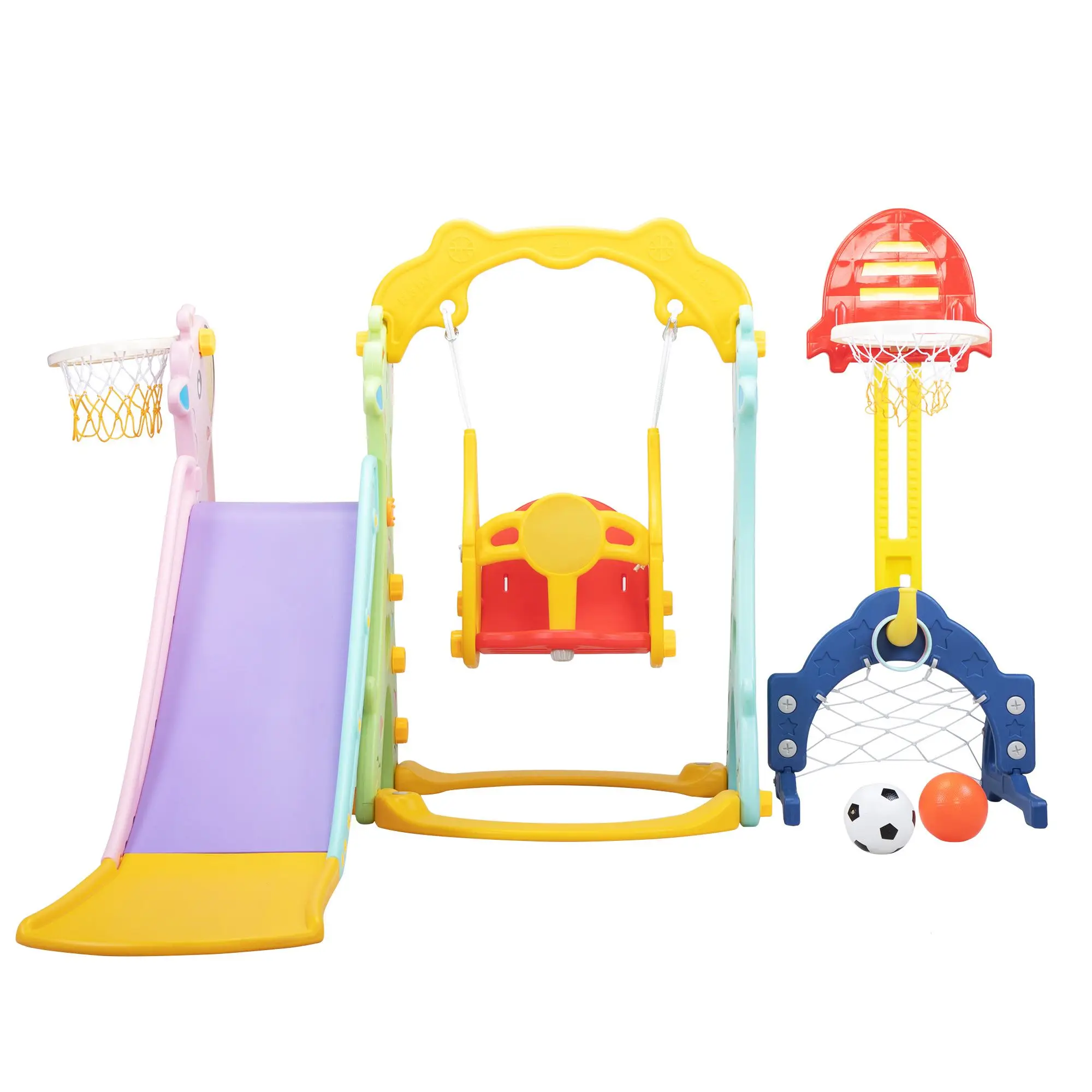 5 in 1 Slide and Swing Playing Set, Toddler Extra-Long Slide with 2 Basketball Hoops, Football, Ringtoss, Indoor Outdoor