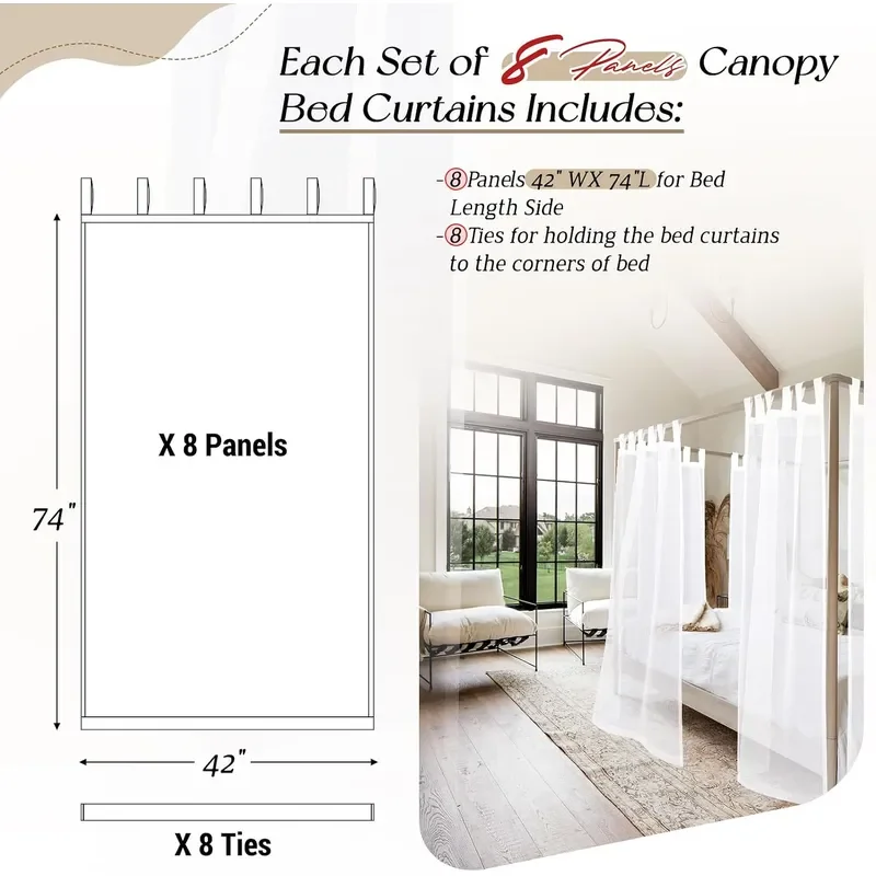 8 Panels Canopy Curtains White Canopy Bed Curtains for King Full Queen and Twin Bed Frame Eight Poster Bed Canopy Drapes
