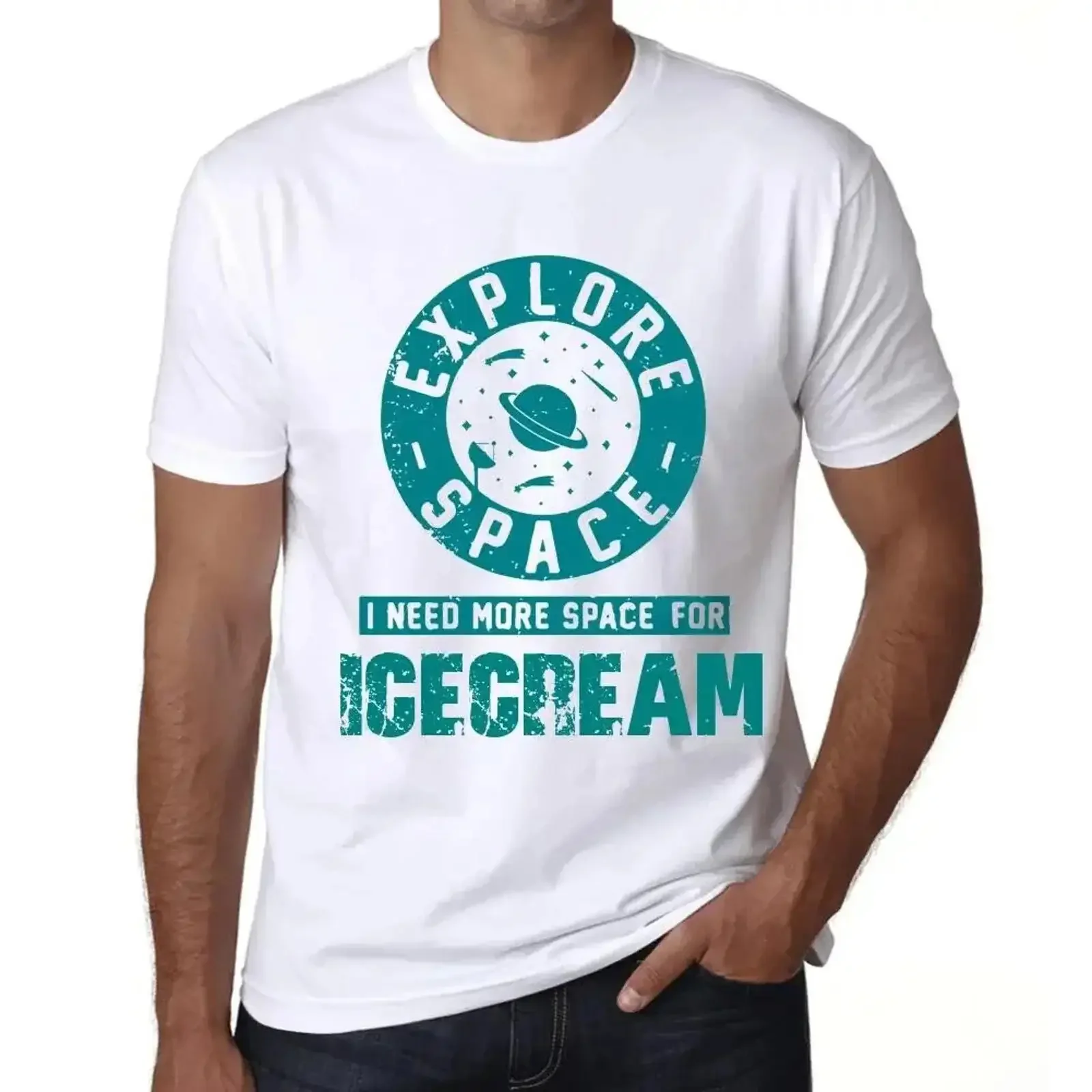 Men's T Shirt Explore Space I Need More For Icecream Eco Friendly vintage Washed Versatile fashion Soft streetwear homme
