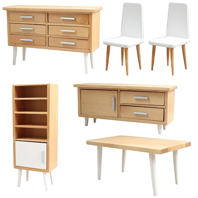 

1:12 аксессуары для кукольного домика, миниатюрная мебель, миниатюрные фигурки для столовой, деревянные цветные современные настольные стулья и шкаф