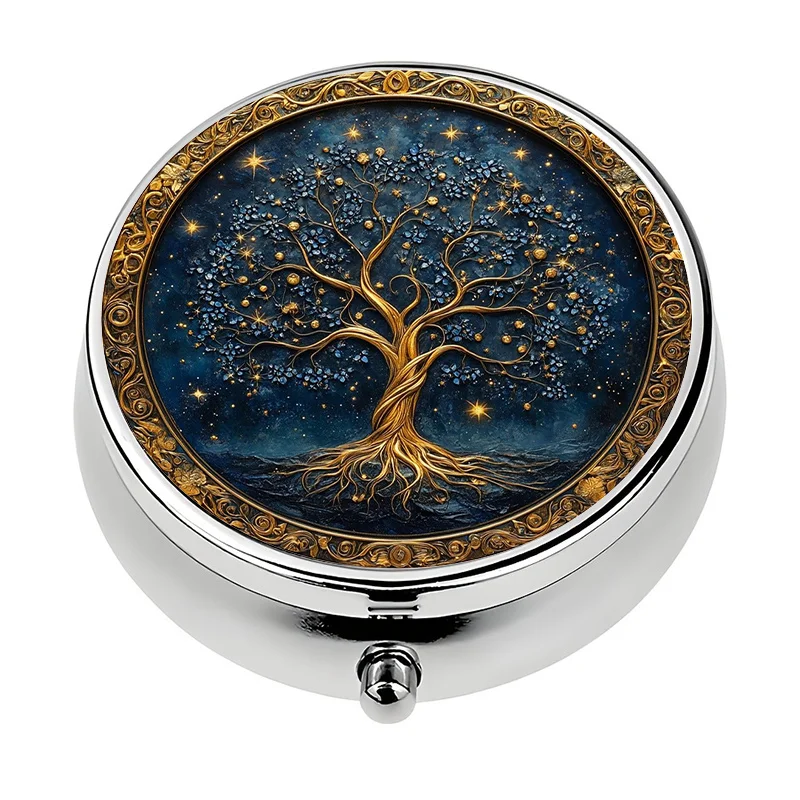 1 mini pill box with 3 compartments, Tree of Life themed metal mini pill box, portable travel pill and vitamin storage case, unique gift compact pill box