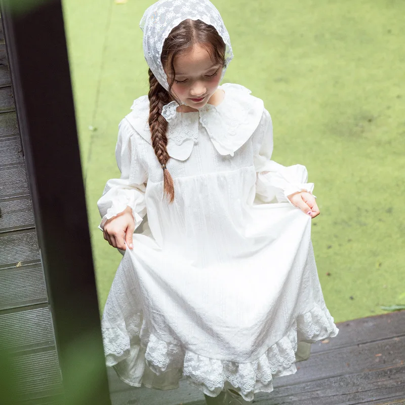 Girls Dress 2025 Autumn New Children Lace Collar Lotus Leaf Edge Rural Style Sweet and Fresh Princess Dress