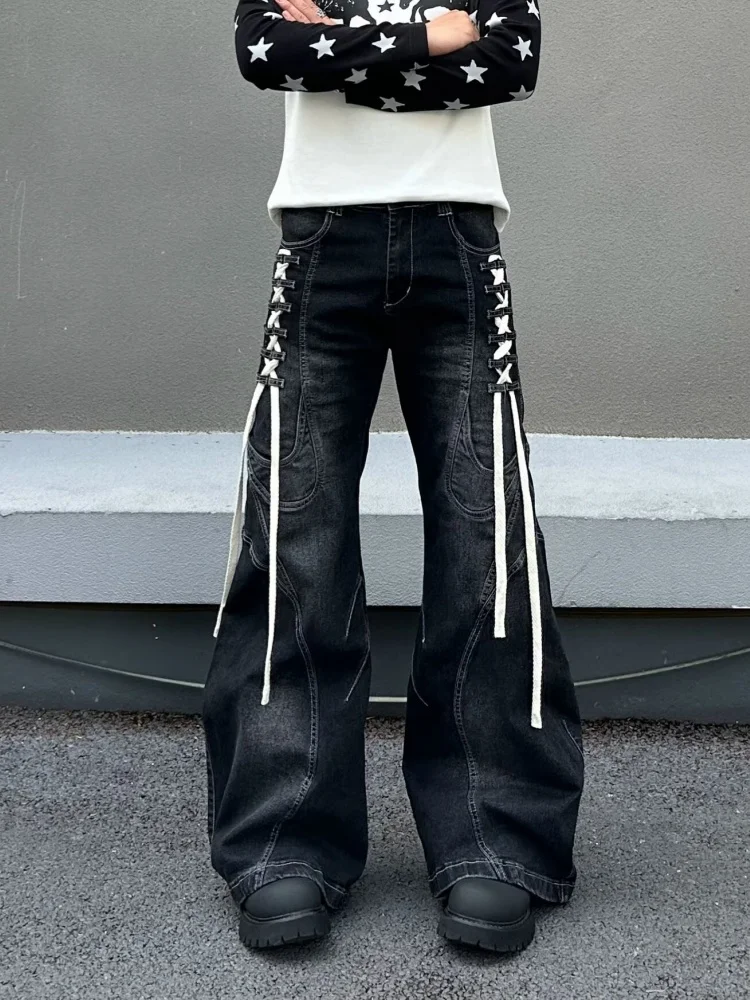 2026 Cyber Y2K Streetwear Washed Black Strap Design Baggy Flared Jeans Pants For Men Clothing Loose Long Trousers Pantalon Homme