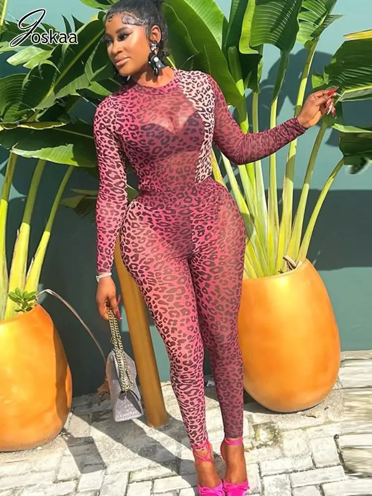 Joskaa-Conjunto de 2 piezas de malla con estampado de leopardo para mujer, monos y mallas sexys de manga larga a juego, trajes de Club de medianoche de verano 2025