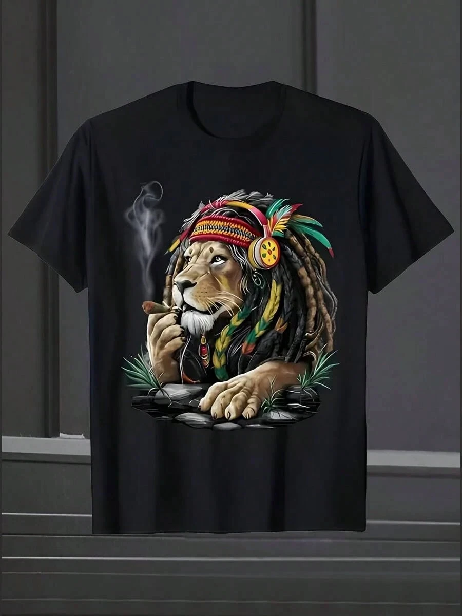 

Лев Smokes A LOVE, хлопковая рубашка с короткими рукавами и принтом, черный топ, мужская повседневная свободная рубашка