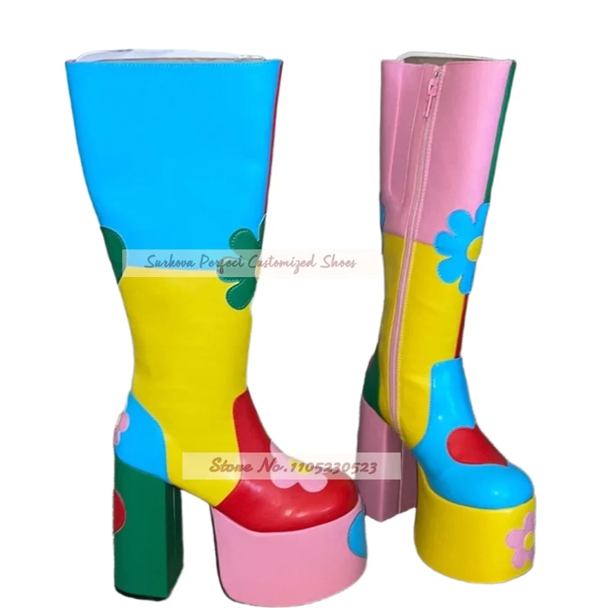 Women Color Block Flower Platform Knee High Boots Appliques Red Heart Zipper Chunky Heel Tall Boots Round Toe Y2K Cosplay Shoes