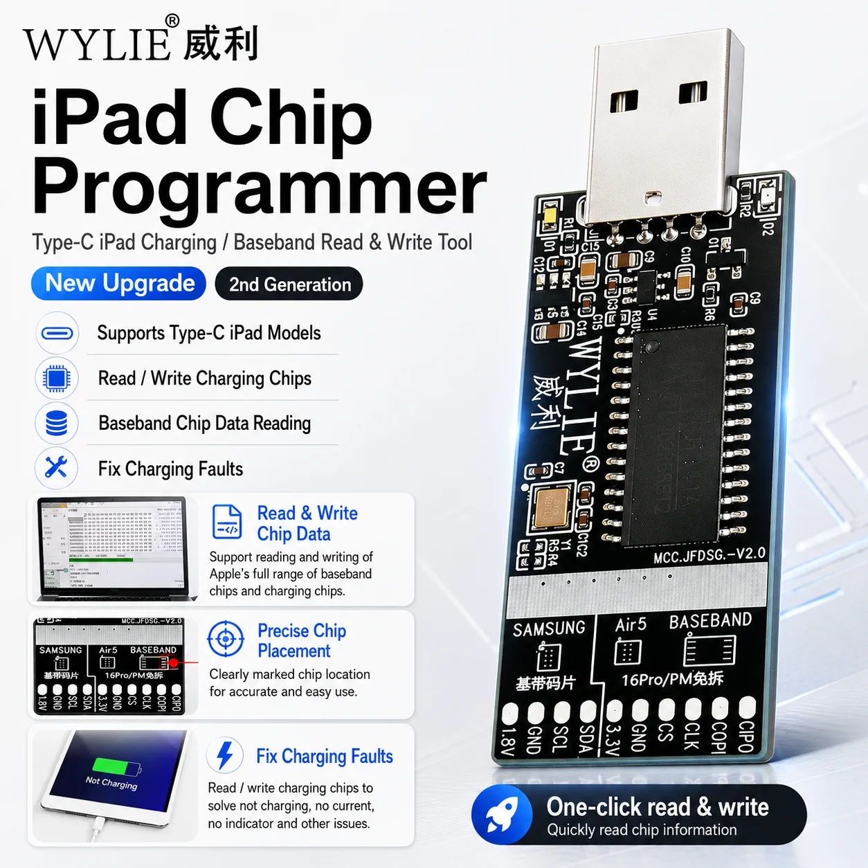 WYLIE iPad Chip Programmer, Type-C Charging Baseband Chip Read Write Tool, 2nd Gen Repair Board for iPad Not Charging Faults