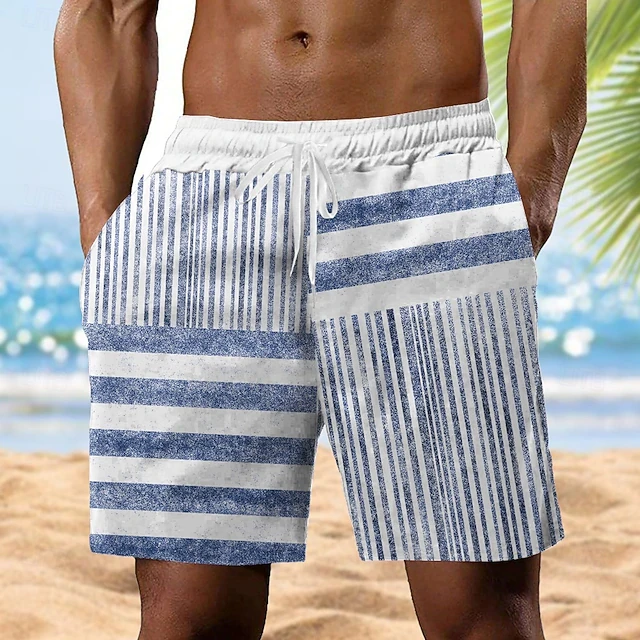 Men's Beach Shorts - Summer Stripes 3D Print - Outdoor Sports Quick-Dry Breathable Elastic Waist Sports Shorts - Swimming Pants