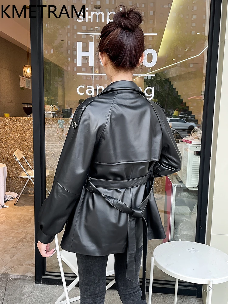 100% Top Layer of Sheepskin Jacket Woman Black Genuine Leather Jackets with Lace Up New in Outerwears Fall Clothes 2025 кожанка