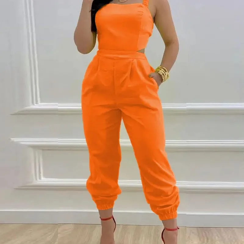 Women Printed Letter Jumpsuits Sleeveless V Neck Suspenders Backless High Waist Trousers Overall Rompers Pockets Autumn Romper