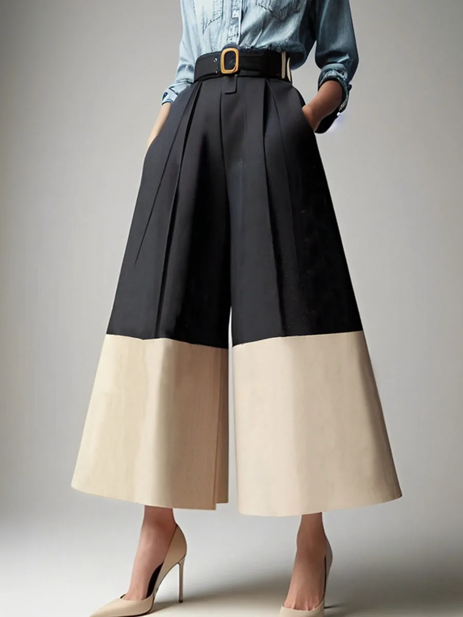 

High Waisted Loose Contrast Color No Belt Pleated Pockets Pants Trousers