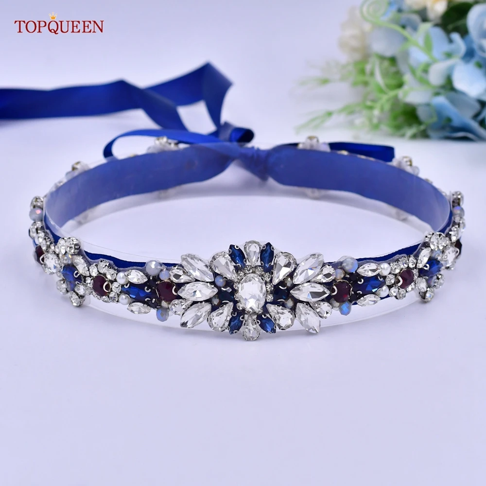 TOPQUEEN-S125 أحجار الراين فستان الزفاف حزام للنساء ، الشظية كريستال ، وشاح الزفاف ، الماس حزام الزفاف للفساتين ، اللون الأزرق الداكن