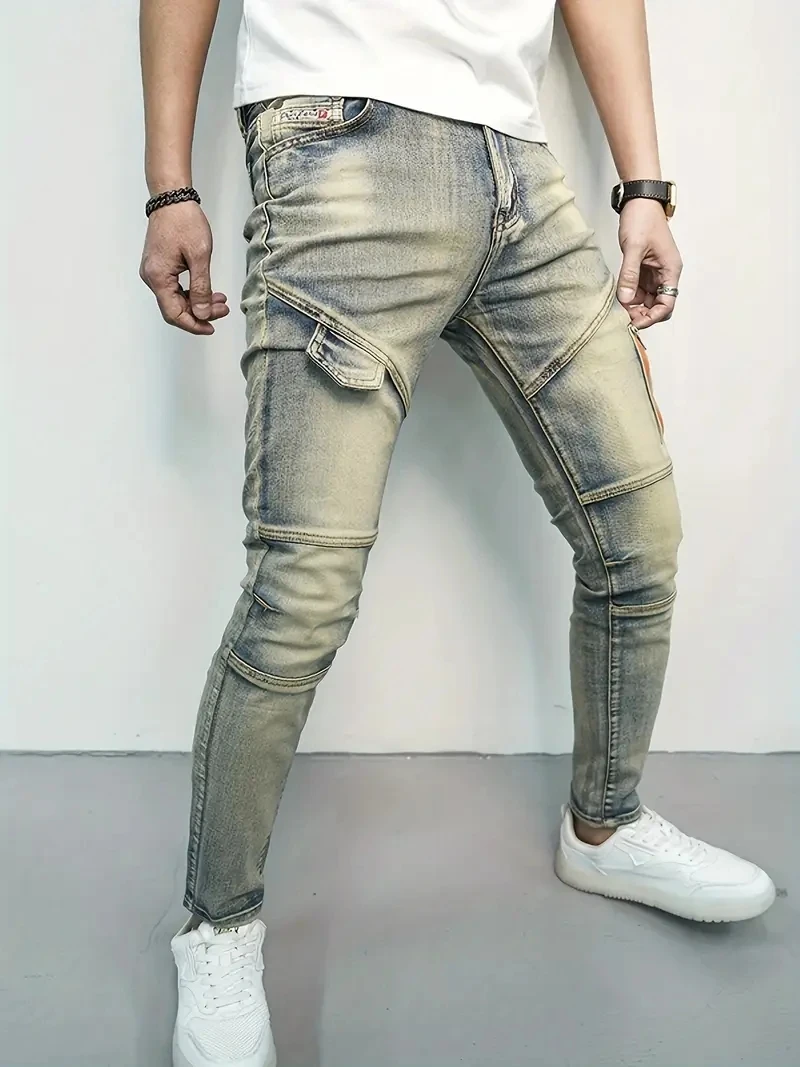Männer Herbst Straße Elastische Denim Jeans Waschen Einfarbig Zipper Cargo Hosen Casual Slim Fit Täglichen Tragen Jogger Mittlere Taille Hose