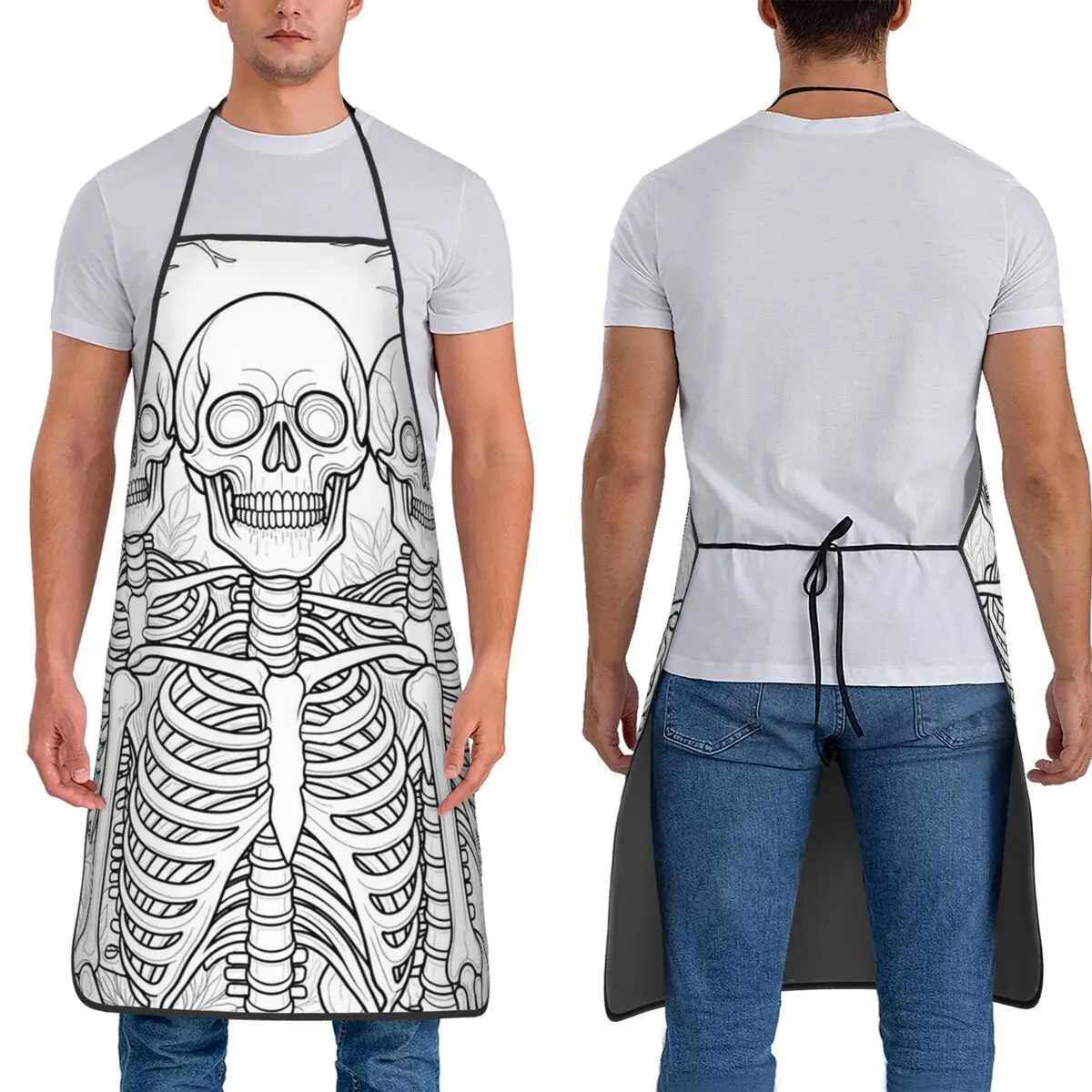 Three Skeletons Gothic Line Art Colouring Design Apron Chef Cuisine Tablier Bib Kitchen Cleaning Pinafore for Women Men Painting