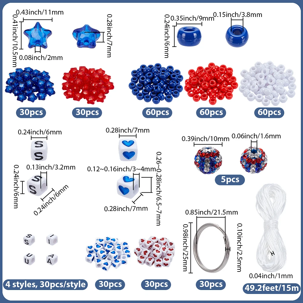 455Pcs Patriotic Red White Blue Craft Beads Set Acrylic Letter Star Round Spacer Beads with Key Rings Nylon Cord for Jewelry