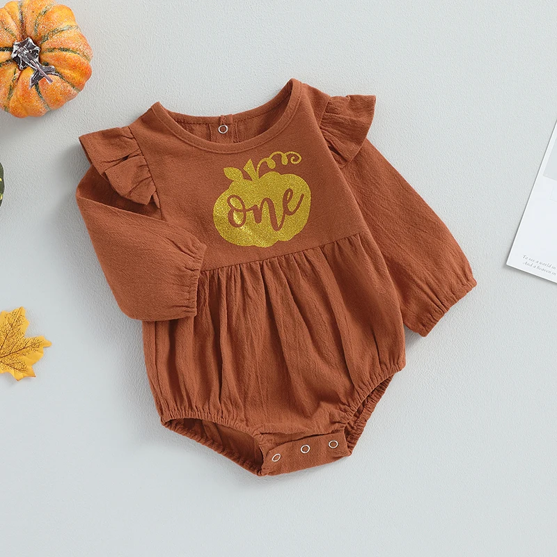 Toddler Halloween Costume Pumpkin Print Long Sleeve Romper Ruffle Round Neck Bodysuit Infant Girl One Year Old Outfit