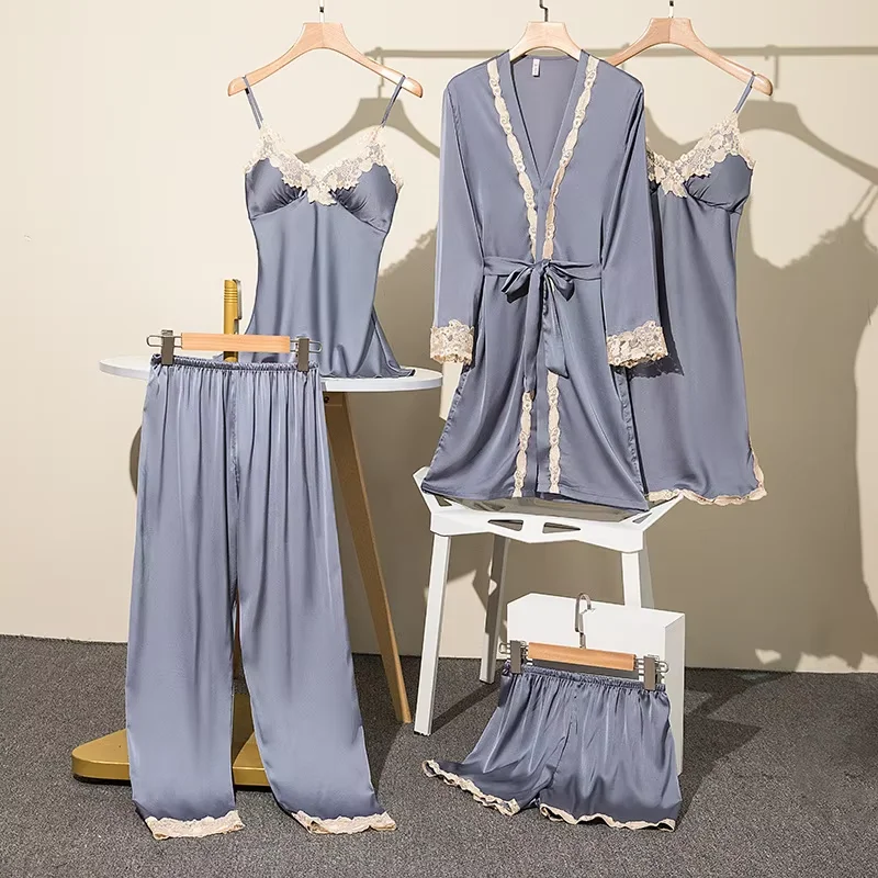 New Sexy Summer Ice Silk Five-piece Set Of Senior Sense Imitation Silk Nightgown Spring And Autumn With Chest Pad Sleeping Skirt