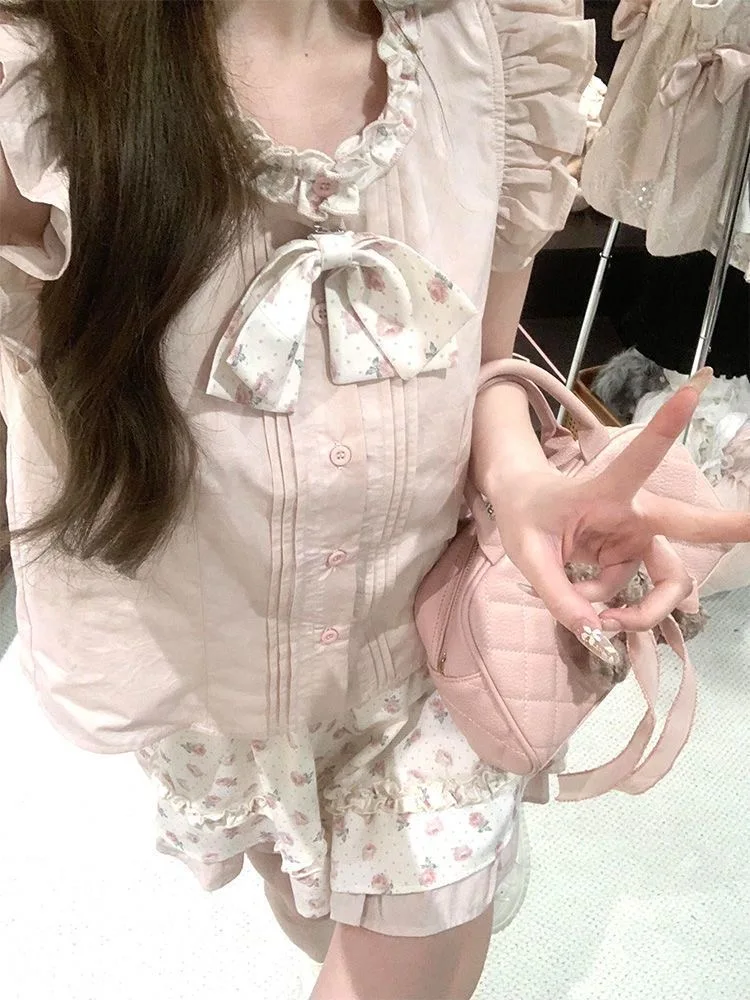Pink Sweet Print new Two Piece Set women Elegant Sleeveless Top + Floral High Waisted Skirt Set Summer Bow Kawaii Ruched Outfits