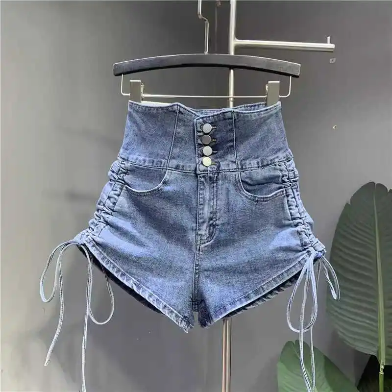 

Женские летние джинсовые шорты с высокой талией, эластичные, с эффектом стринги, не мнущиеся, утягивающие, модные, с эффектом потертости