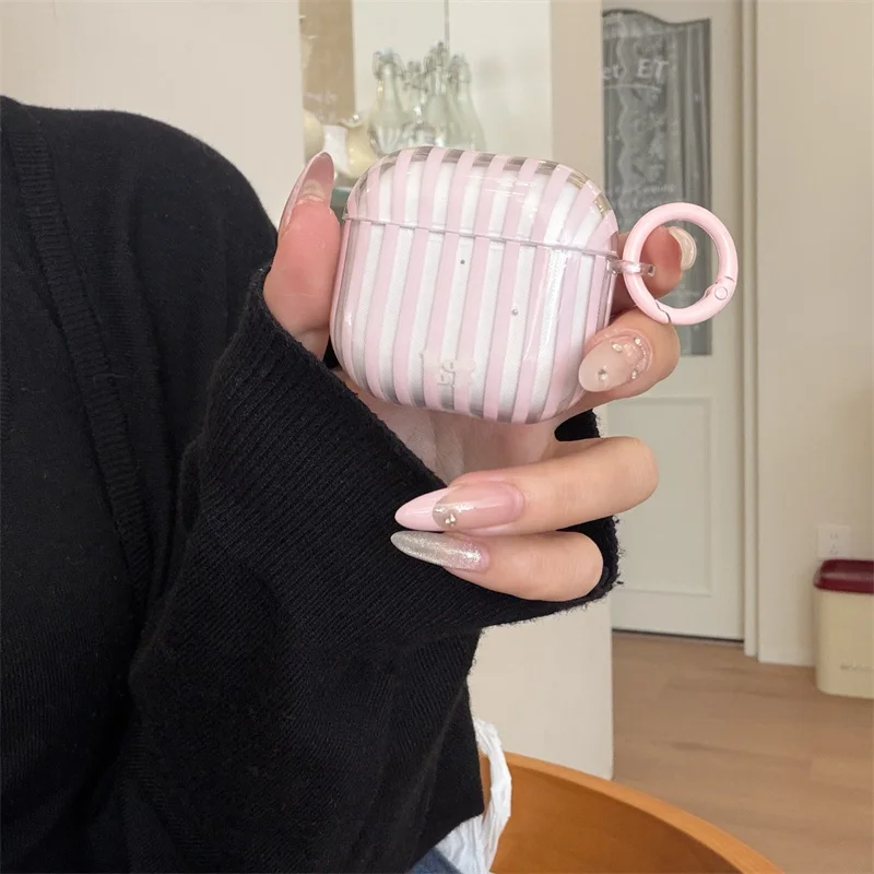 

Creativity Pink stripes Pattern Splicing Bead Ring Pendant earphone cover Case Cover for AirPods 1 or 2 3 4 Pro 2 Pro 3