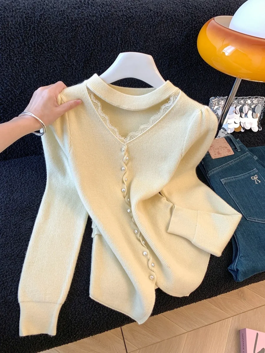 

Heavy Embellied Long Sve Knitted Sweater Women's Winter Faion Sweet Sle Hollow out Ne Hanging Pearl Lace Top