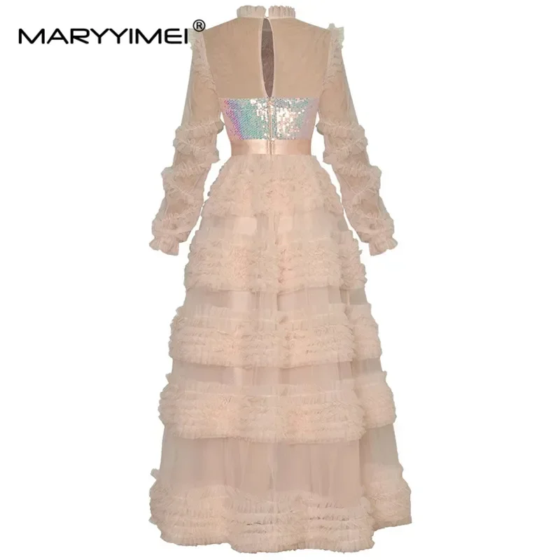 Gedivoen Designer femmes robe col debout bord d'oreille en bois à manches longues plume paillettes Sexy fête élégante robes de gâteau de bal