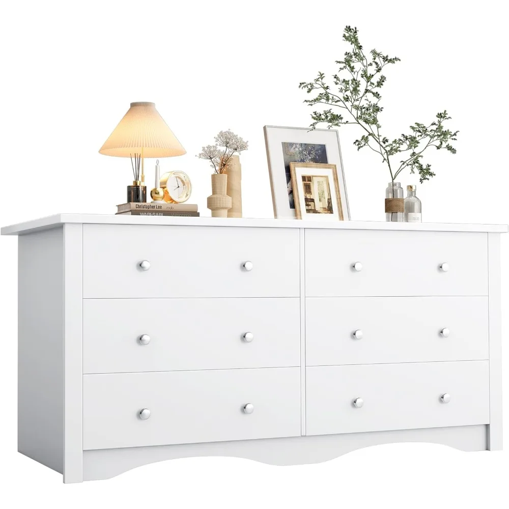 White Wooden 6-Drawer Dresser for Bedroom, Storage Chest with Organizer, Suitable for 55-inch TV, Ideal for Living Spaces