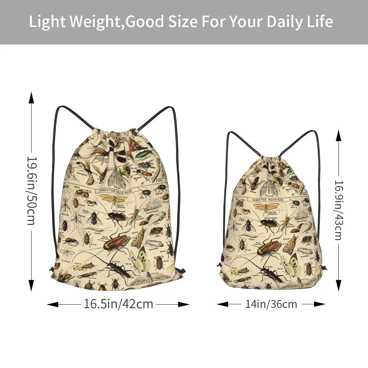 Insects In French Backpacks Casual Drawstring Bags Sports Bag Book Bags for Travel School
