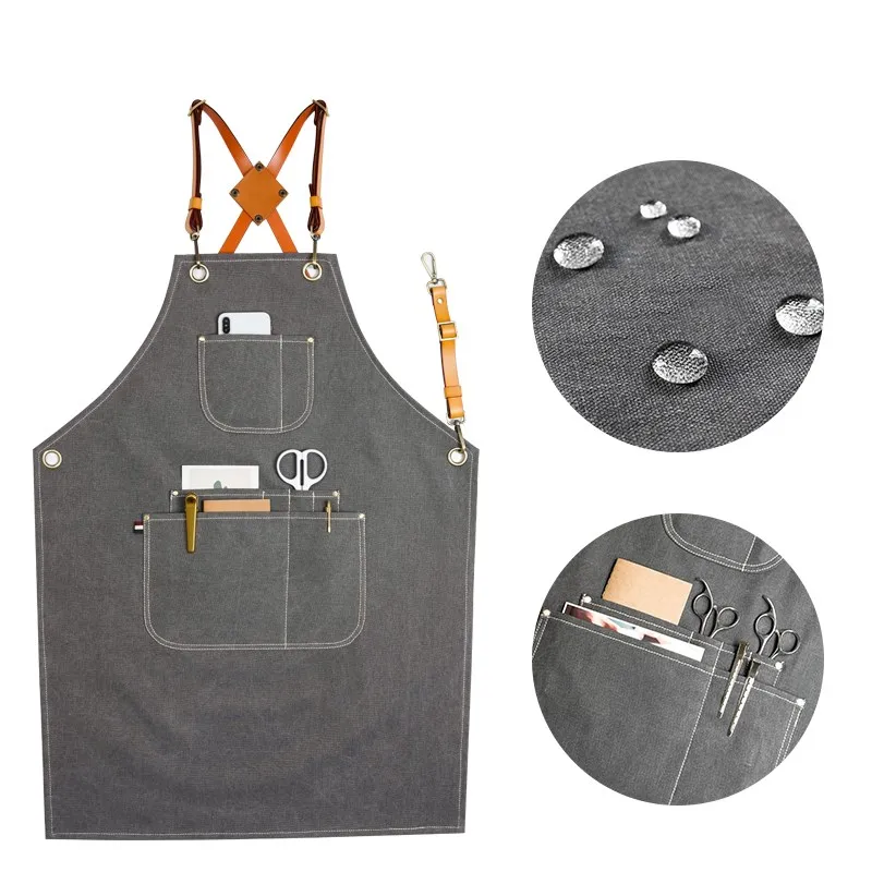 Gray Canvas Apron Cowhide Leather Strap Florist Hairdresser Barber Workwear Barista Bartender Pastry Chef Culinary Uniform K61