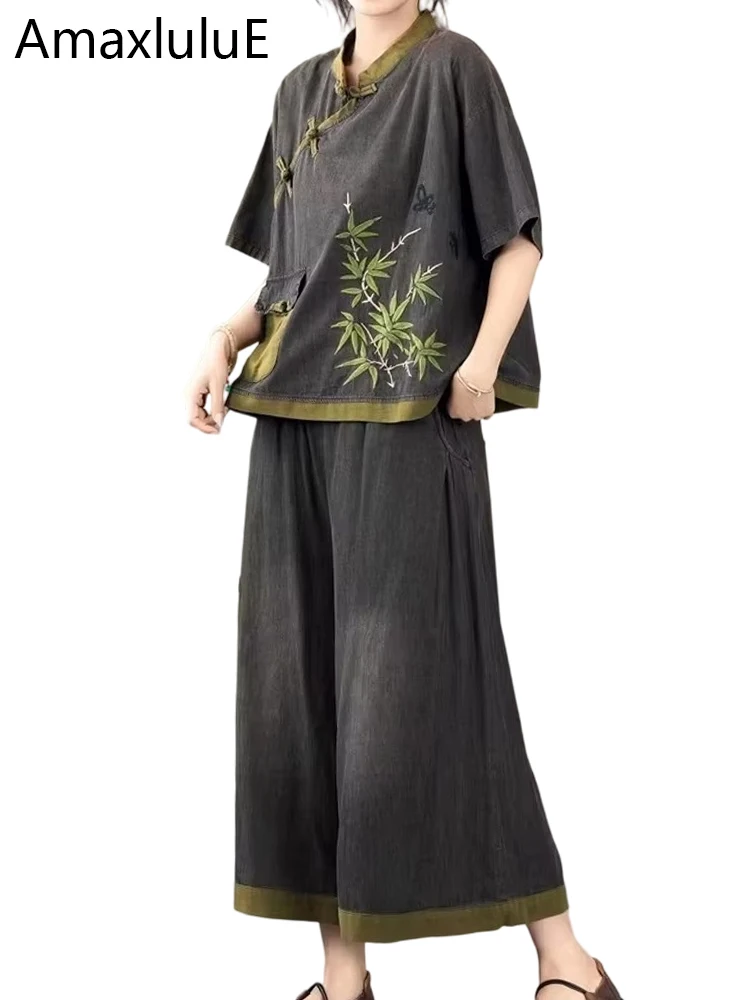 AmaxluluE Summer Womens Embroidery Plus Size 2 Pieces Sets Loose Casual Tops Wide Leg Pants Denim Outfits Fashion Floral Suits