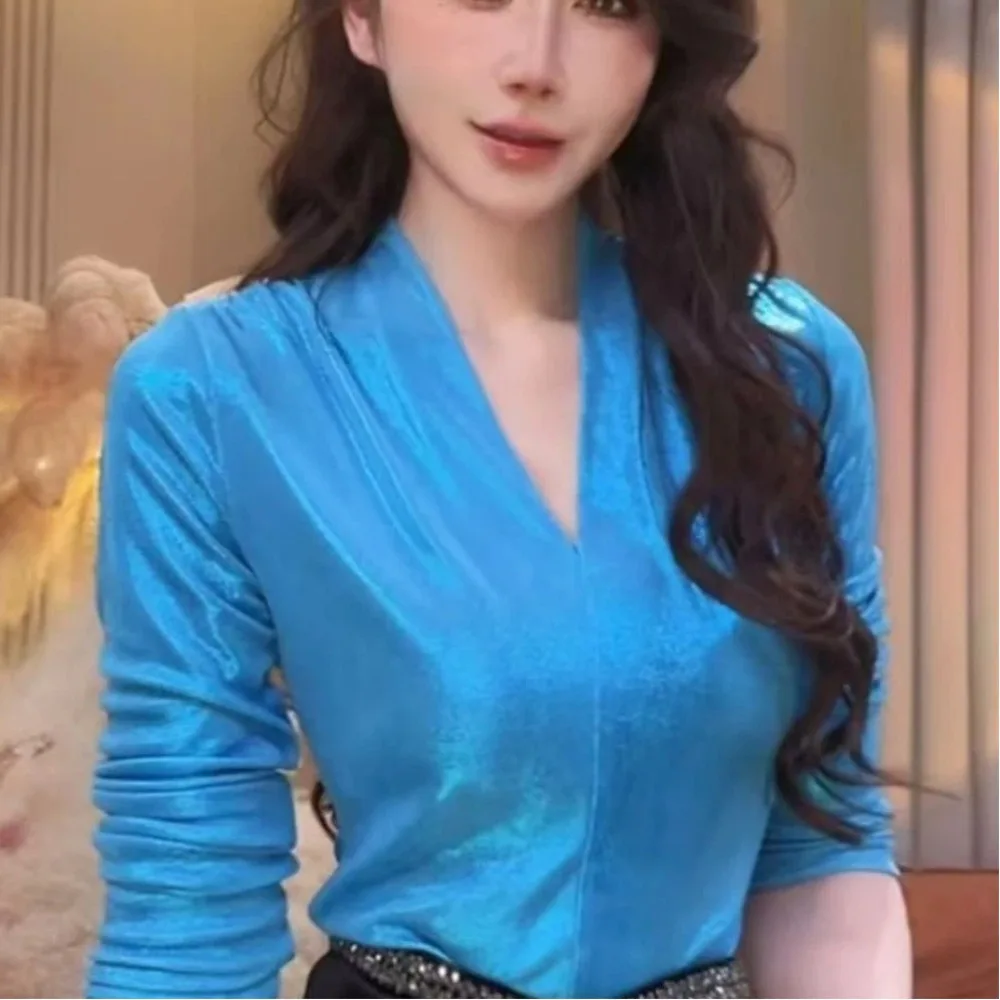 2026 Ladies Fashion Slim Simplicity Trend Sexy Gradient Color V-neck Tee Shirt Long Sleeve Tops Pullover Temperament Tops