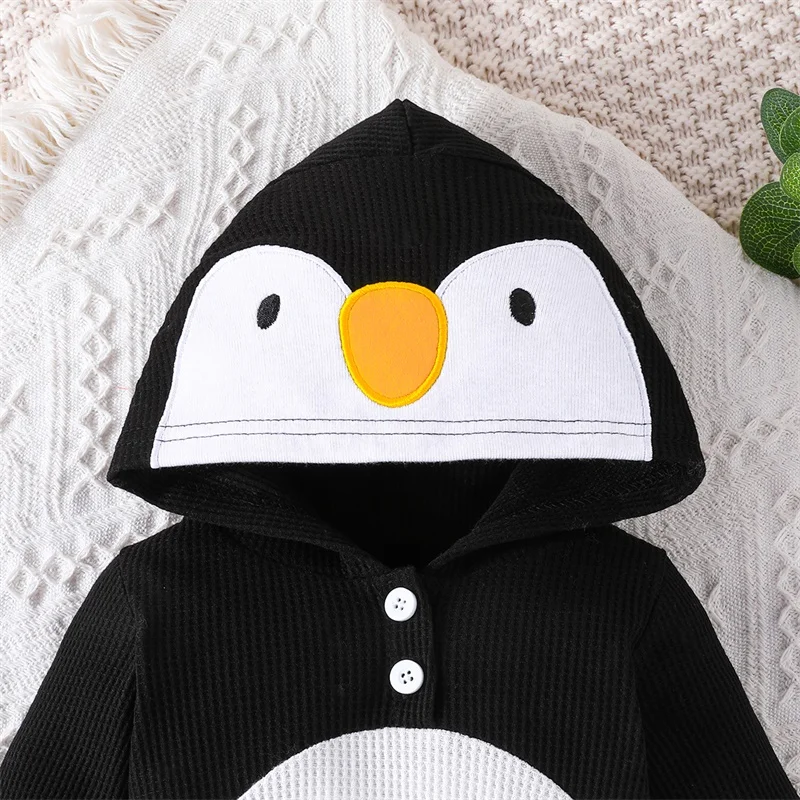 

Cute Infant Unisex Penguin Hooded Romper with Button Closure and Long Sleeves - Adorable Winter Jumpsuit for Babies