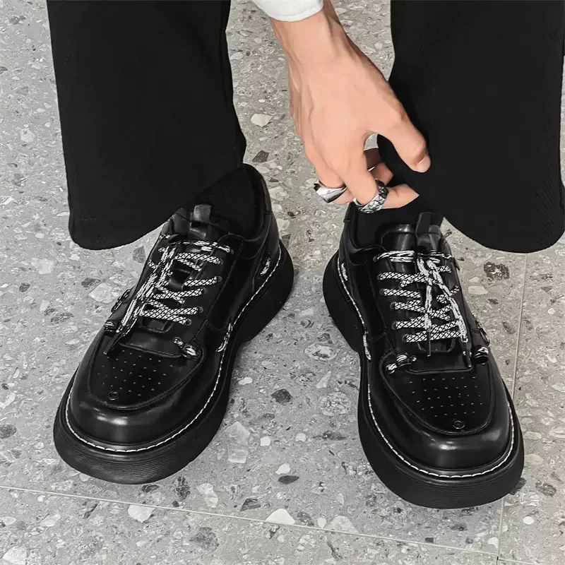 

Мужская обувь на платформе, черно-белые кожаные туфли, мужские кроссовки на массивном каблуке, увеличивающие рост, модная универсальная повседневная удобная мужская обувь