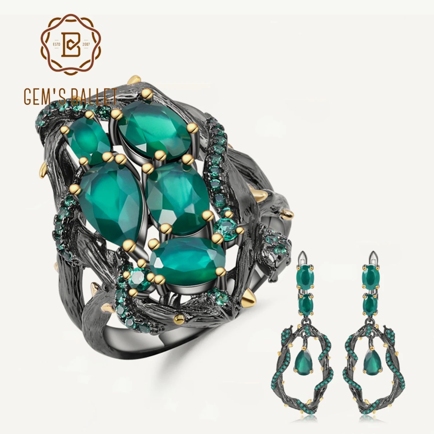 

GEM'S BALLET Natural Green Agate Gemstone Vintage Jewelry Set 925 Sterling Silver Original Handmade Ring Earrings Sets For Women