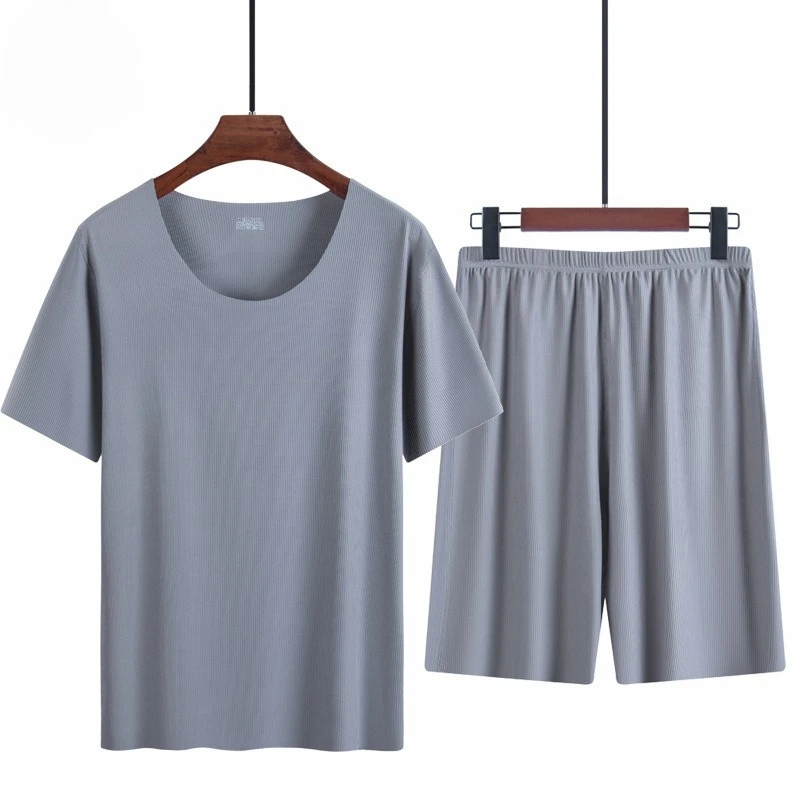 

Summer Ice Silk Men Sleepwear Set Two Pieces Seamless Round Neck Top Thin Elasticity Shorts Homewear Men Clothing