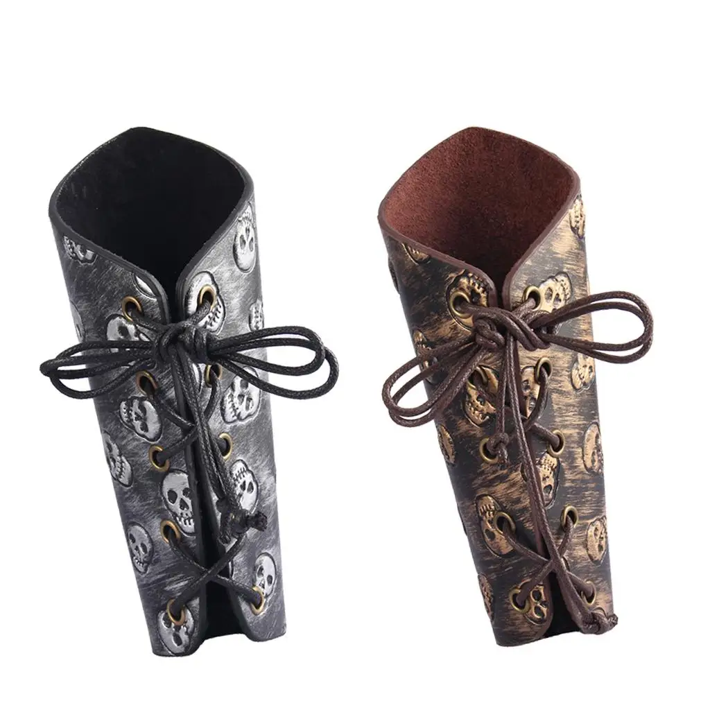 Skeleton Skull Punk Arm Bracer Adjustable Cowhide Bracelet Gothic Wristband for Vintage Halloween