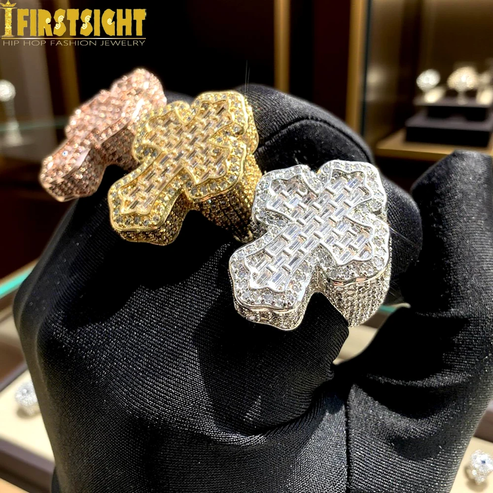 Iced Out Bling Cross Finger Ring Silver Color Cubic Zirconia Prong Setting CZ Stone Luxulry Men Women Hip Hop Fashion Jewelry