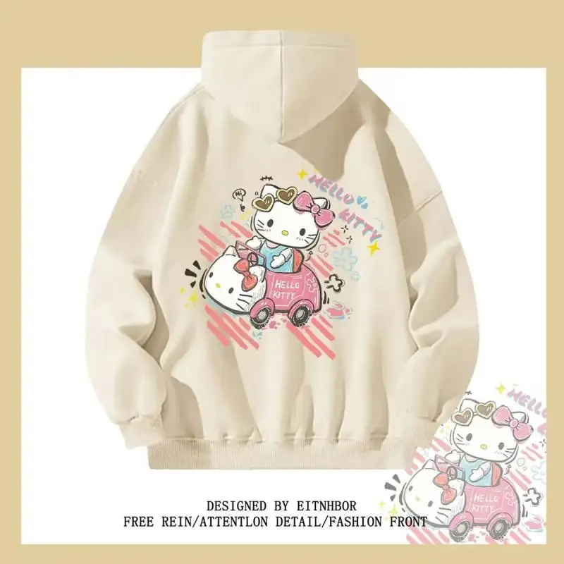 Kawaii Sanrio Hello Kitty Hooded Sweatshirt Anime Cute Cartoon Preppy Casual Autumn and Winter Loose Coat Birthday Gift